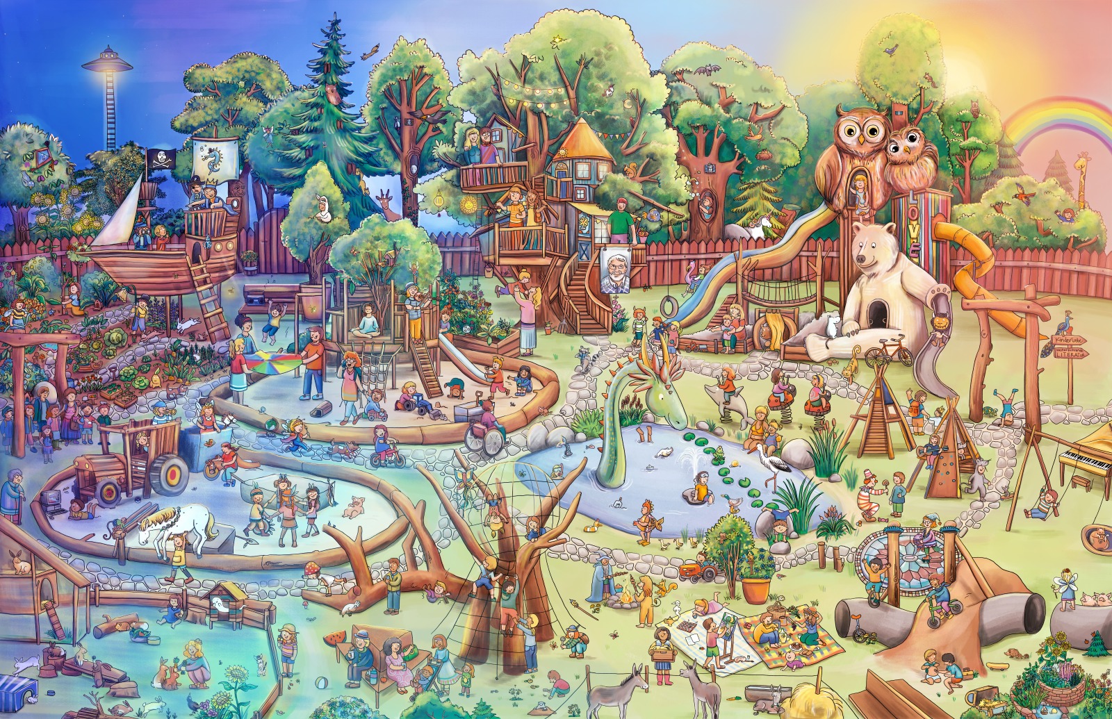 Das Wimmelbild der Akademie für KinderLiebe mit Alltagsszenen von Kindern und Erwachsenen
