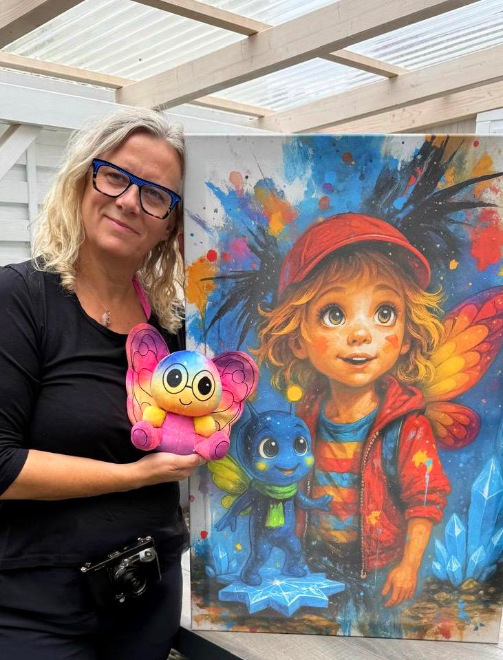 Christin hält das Sana-Kuscheltier neben dem farbenfrohen Bild von Lotta, Sana und Lino.