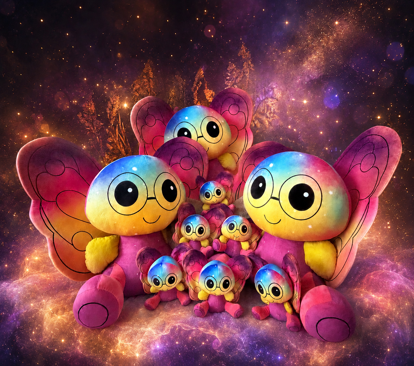 Die Sana-Familie sitzt gemeinsam in einem warm leuchtenden, violett-goldenen Sternenuniversum.