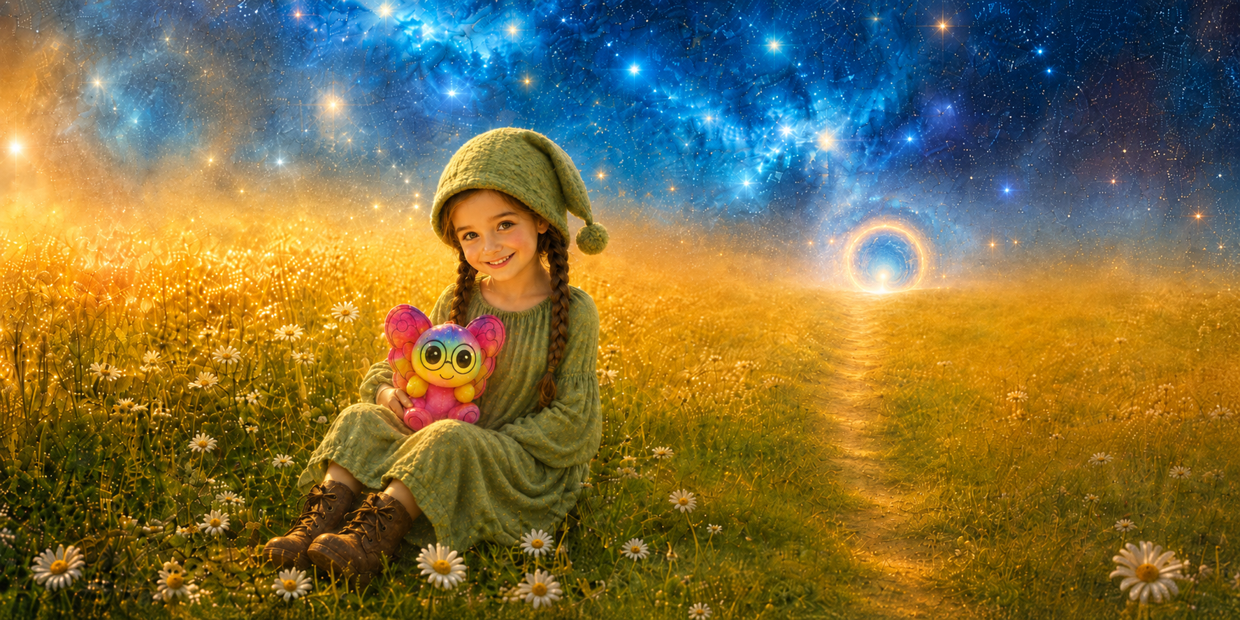 Smilla sitzt mit der originalen Sana auf einer leuchtenden Blumenwiese; ein goldener Weg führt durch den Sternenhimmel zu einem hellen Portal.